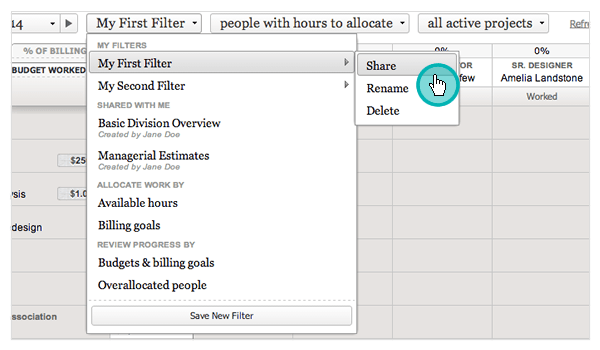 Share, rename or delete an existing Resource Planning filter