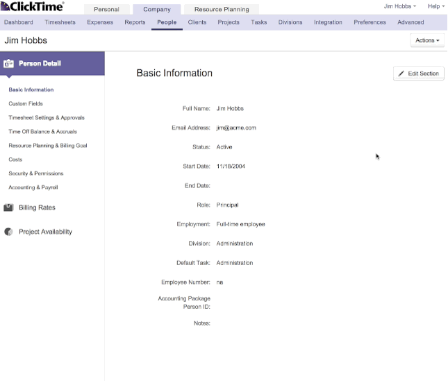 ClickTime - Person Detail read and edit modes