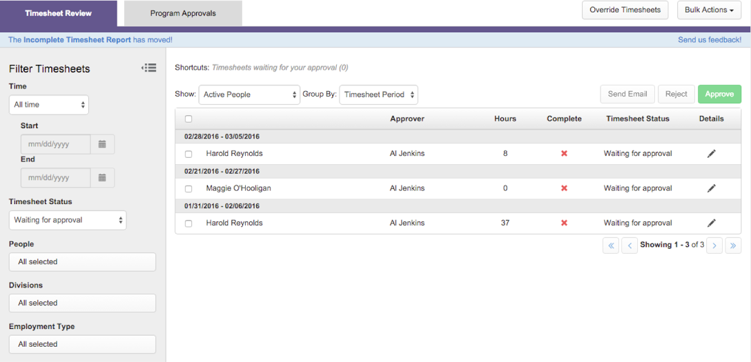 ClickTime Screenshot: Time Tracking Approvals
