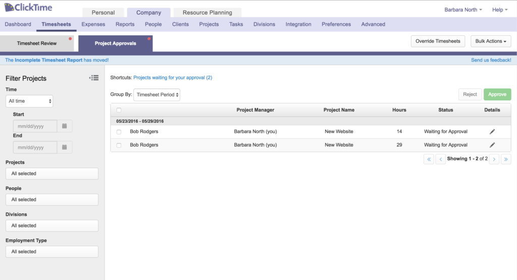 ClickTime Screenshot: Project Approvals List View