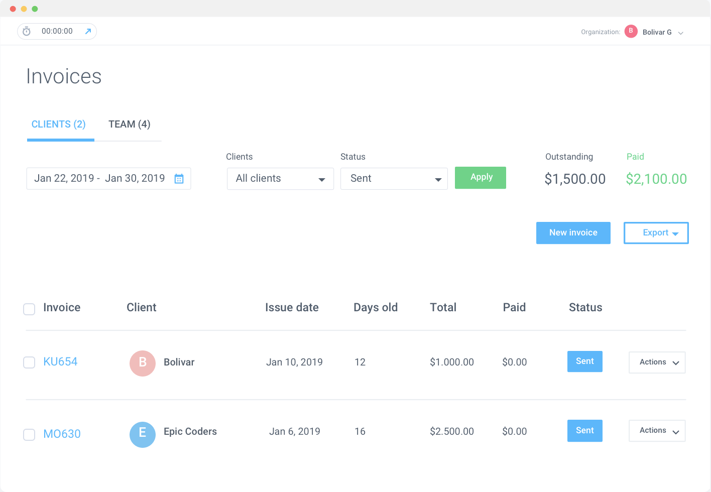 Hubstaff invoicing dashboard