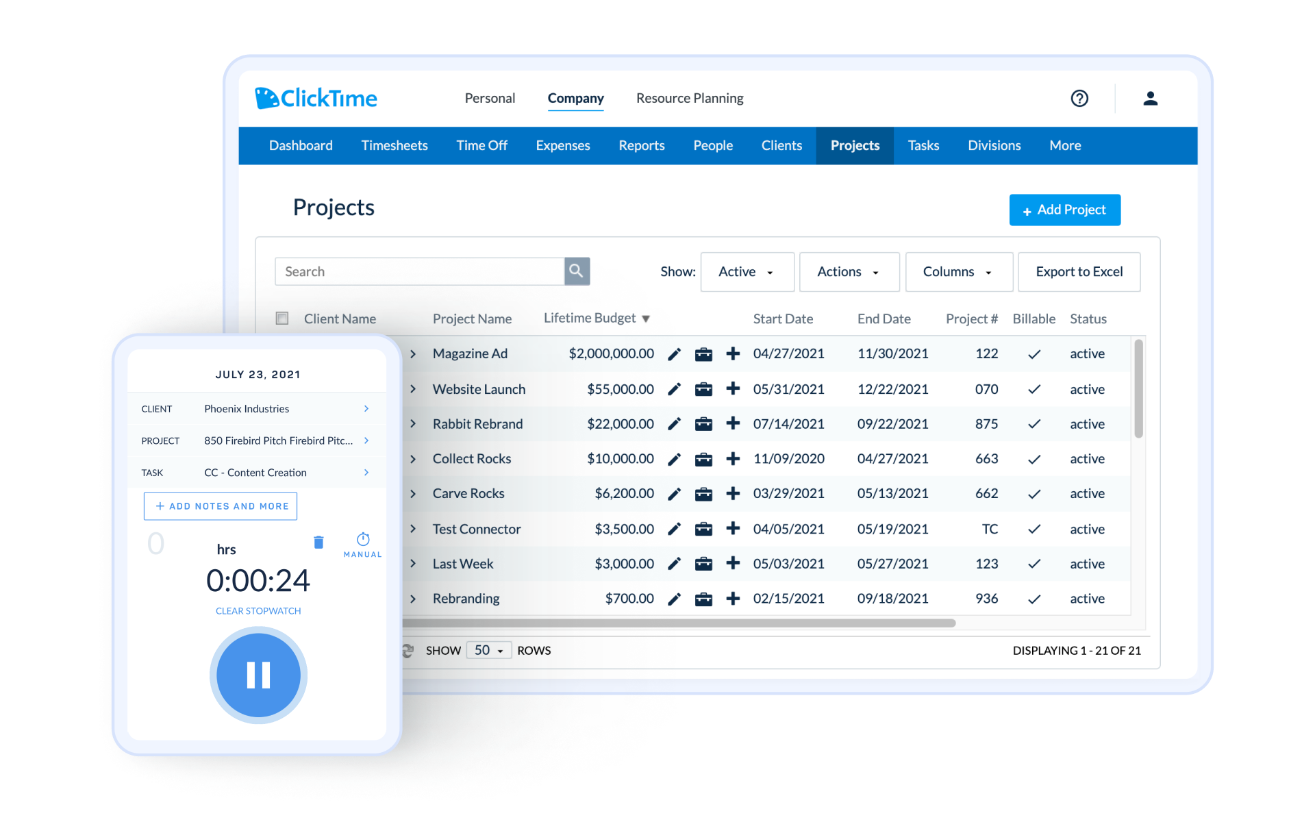 Online Timesheets feature ClickTime app displayed on web and mobile.