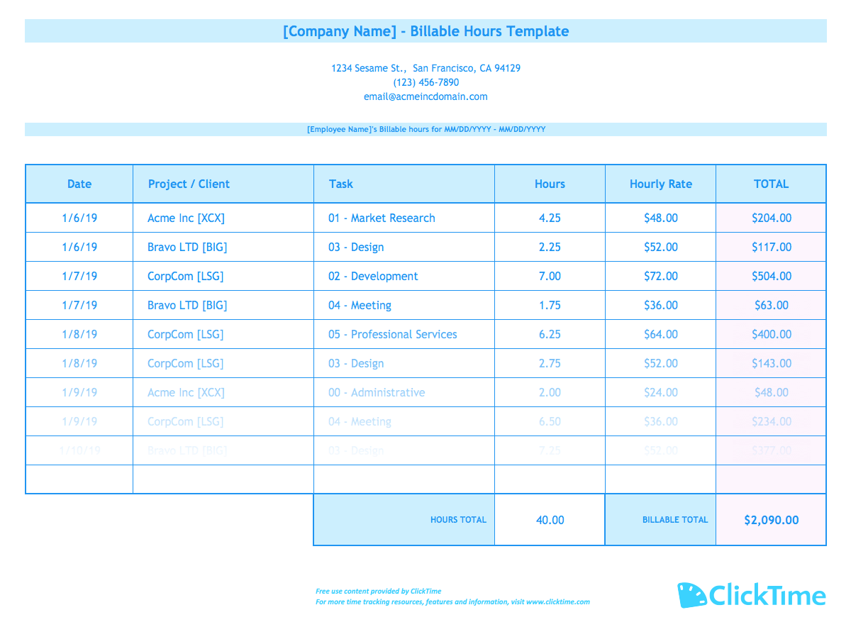 Free Billable Hours Template [Download] Excel Tracking ClickTime