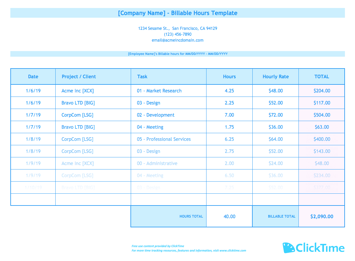 Free Billable Hours Timesheet Template Printable Templates