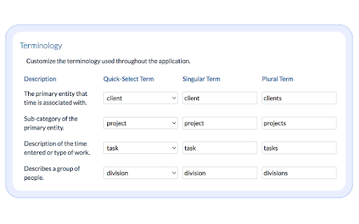 Screenshot of ClickTime's terminology customization feature