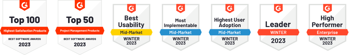 Highest User Satisfaction 2023 | Best Project Management Tools 2023| Best Usability Mid Market | Most Implementable - Mid Market | Highest User Adoption- Mid Market | Leader | High-Performer - Enterprise | Users Love Us