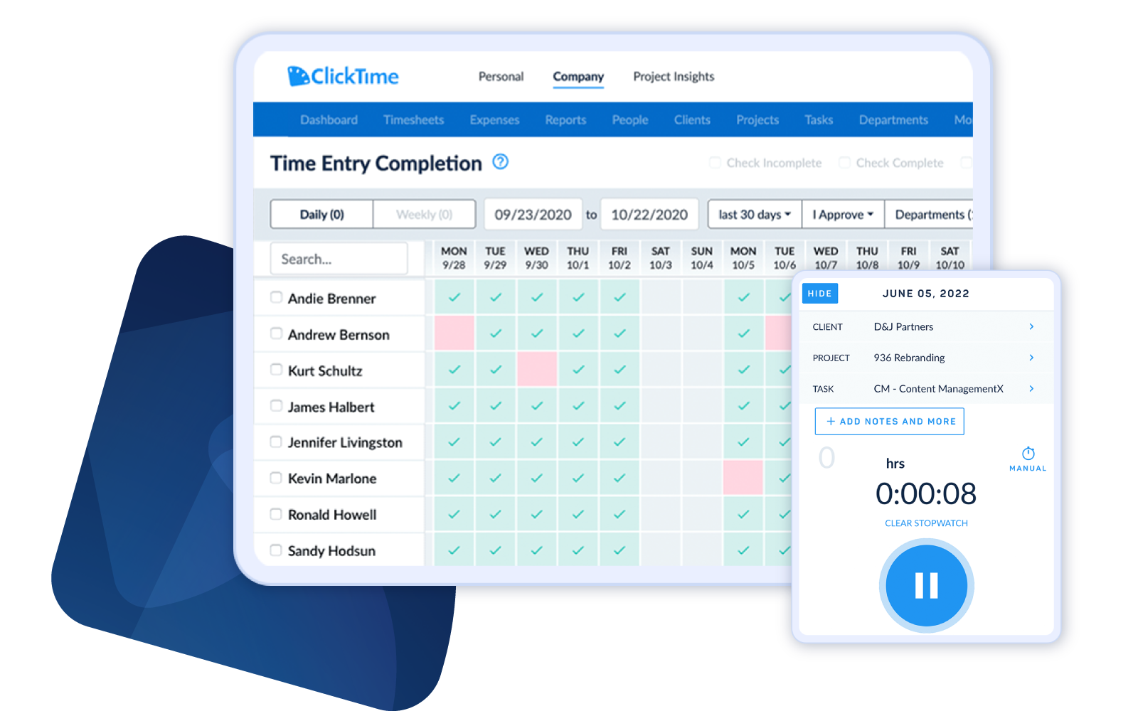 See which employees are logging their hours regularly with ClickTime's Timesheet Completion Dashboard.